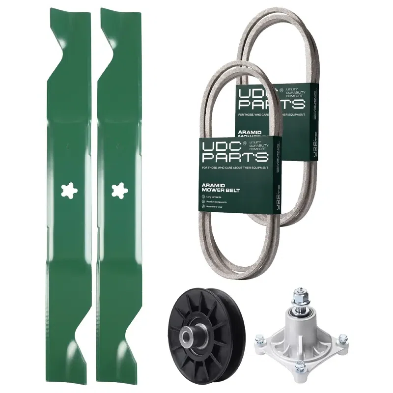 UDC Parts Mower Kit / Belt 138255 + Belt 194346 + Pulley 532194326 + Spindle 532174356 + 2 Pack Blades 405380 / Fits Husqvarna LT1597
