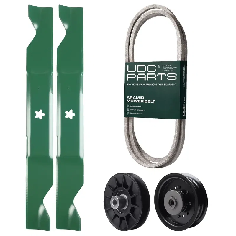 UDC Parts Mower Kit / Belt 140218 + Pulley 532194326 + Pulley 532196104 + 2 Pack Blades 405380 / Fits Husqvarna YTH220 Twin