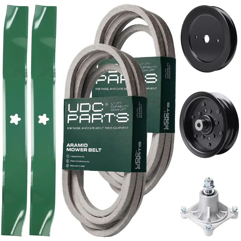 UDC Parts Mower Kit / Belt 539114557 + Belt 539117245 + Pulley 129861 + Pulley 532196106 + Spindle 532174356 + 2 Pack Blades 134149 / Fits Husqvarna RZ4219 RZ4619 RZ4620 RZ5422 RZ5424