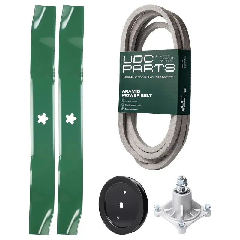 UDC Parts Mower Kit / Belt 539109243 + Pulley 195945 + Spindle 532174356 + 2 Pack Blades 134149 / Fits Husqvarna Z4218 Z4219