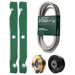 UDC Parts Mower Kit / Belt 539117245 + Pulley 127783 + Pulley 532196104 + 2 Pack Blades 138497 / Fits Husqvarna LT1597