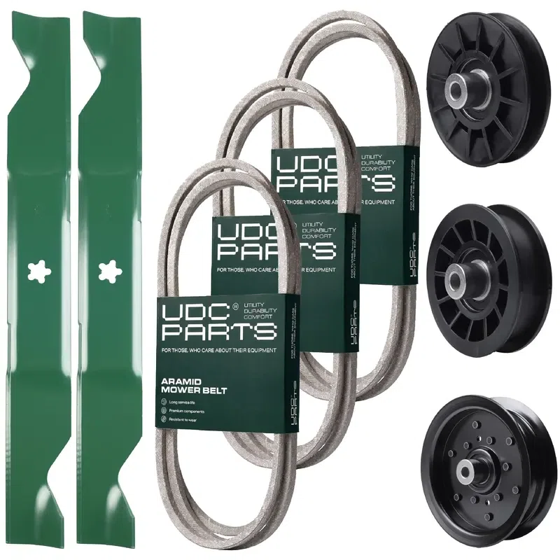 UDC Parts Mower Kit / Belt 130969 + Belt 140218 + Belt 405143 + Pulley 532194326 + Pulley 532196106 + Pulley 532194327 + 2 Pack Blades 405380 / Fits Poulan Pro PB22H46YT