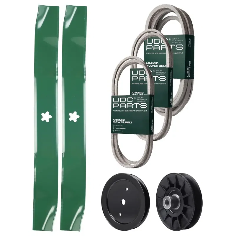 UDC Parts Mower Kit / Belt 140218 + Belt 197242 + Belt 197253 + Pulley 195945 + Pulley 532194326 + 2 Pack Blades 134149 / Fits Jonsered LT2223A2