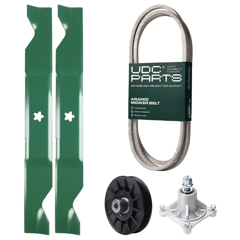 UDC Parts Mower Kit / Belt 138255 + Pulley 532194326 + Spindle 532174356 + 2 Pack Blades 405380 / Fits Husqvarna LT1597