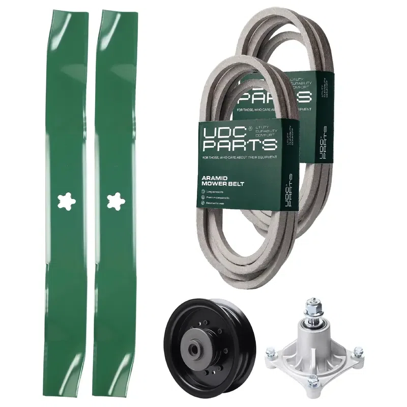 UDC Parts Mower Kit / Belt 539114557 + Belt 539117245 + Pulley 532196104 + Spindle 532174356 + 2 Pack Blades 134149 / Fits Husqvarna RZ4619 RZ4620 RZ5422 RZ5424