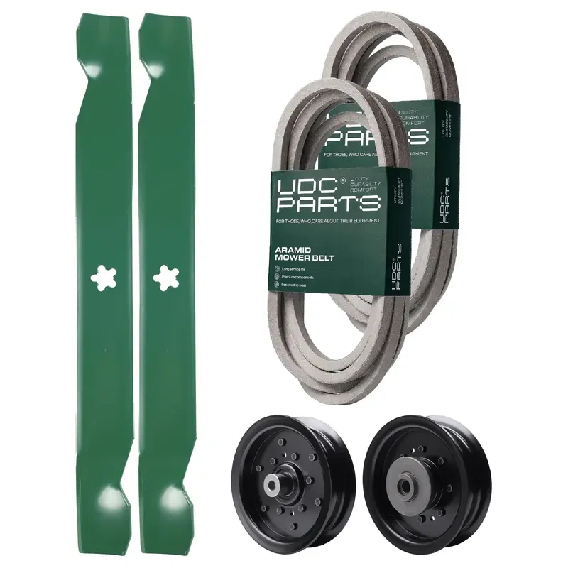 UDC Parts Mower Kit / Belt 539114557 + Belt 539117245 + Pulley 532196106 + Pulley 532196104 + 2 Pack Blades 138971 / Fits Husqvarna RZ4619 RZ4620 RZ5422 RZ5424