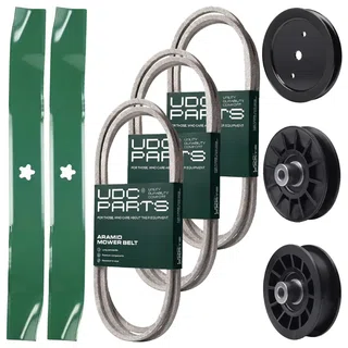 UDC Parts Mower Kit / Belt 130969 + Belt 138255 + Belt 140218 + Pulley 195945 + Pulley 532194326 + Pulley 532194327 + 2 Pack Blades 134149 / Fits Jonsered LT2217A