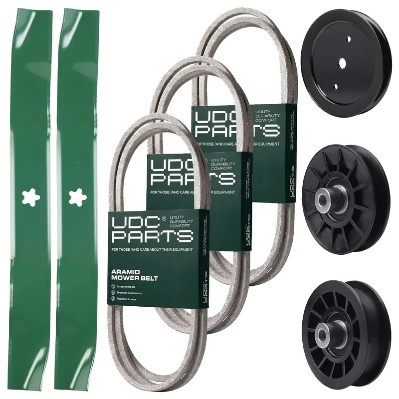 UDC Parts Mower Kit / Belt 130969 + Belt 138255 + Belt 140218 + Pulley 195945 + Pulley 532194326 + Pulley 532194327 + 2 Pack Blades 134149 / Fits Jonsered LT2217A
