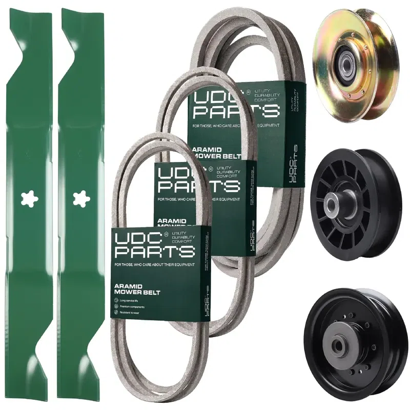 UDC Parts Mower Kit / Belt 138255 + Belt 194346 + Belt 539117245 + Pulley 127783 + Pulley 532194327 + Pulley 532196104 + 2 Pack Blades 405380 / Fits Husqvarna LT1597