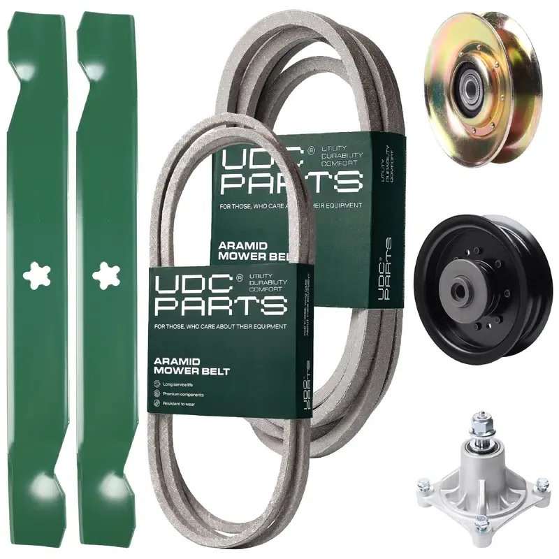 UDC Parts Mower Kit / Belt 194346 + Belt 539117245 + Pulley 127783 + Pulley 532196104 + Spindle 532174356 + 2 Pack Blades 138497 / Fits Husqvarna LT1597