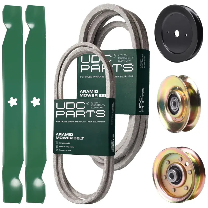 UDC Parts Mower Kit / Belt 140294 + Belt 539109243 + Pulley 127783 + Pulley 129861 + Pulley 173437 + 2 Pack Blades 138971 / Fits Husqvarna LTH1542