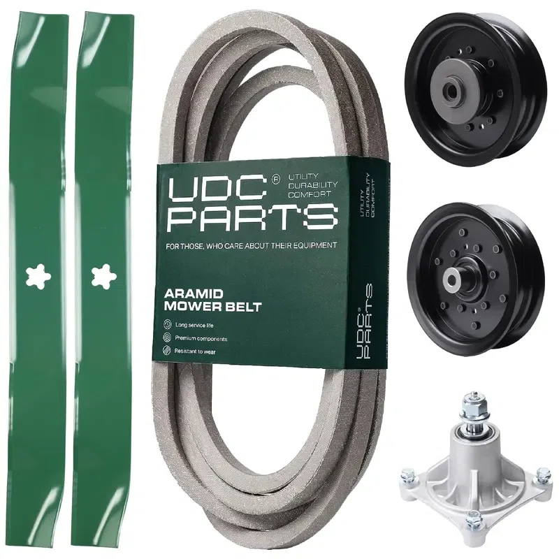UDC Parts Mower Kit / Belt 539114557 + Pulley 532196106 + Pulley 532196104 + Spindle 532174356 + 2 Pack Blades 134149 / Fits Husqvarna RZ4619 RZ4620 RZ5422 RZ5424
