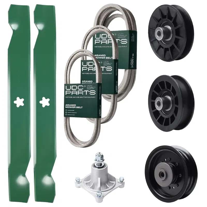 UDC Parts Mower Kit / Belt 138255 + Belt 194346 + Belt 539117245 + Pulley 532194326 + Pulley 532194327 + Pulley 532196104 + Spindle 532174356 + 2 Pack Blades 138497 / Fits Husqvarna LT1597