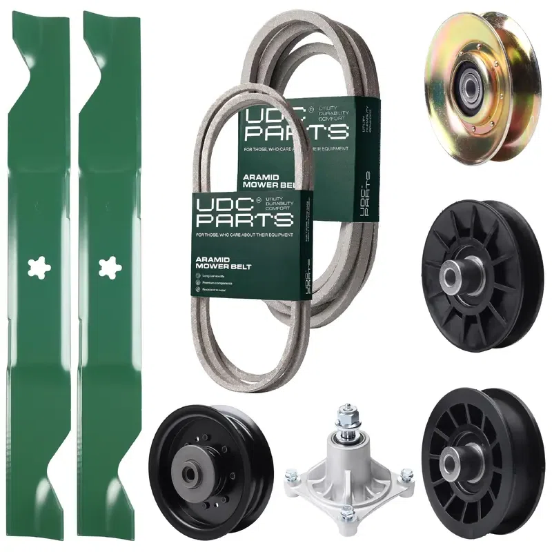 UDC Parts Mower Kit / Belt 138255 + Belt 539117245 + Pulley 127783 + Pulley 532194326 + Pulley 532194327 + Pulley 532196104 + Spindle 532174356 + 2 Pack Blades 405380 / Fits Husqvarna LT1597