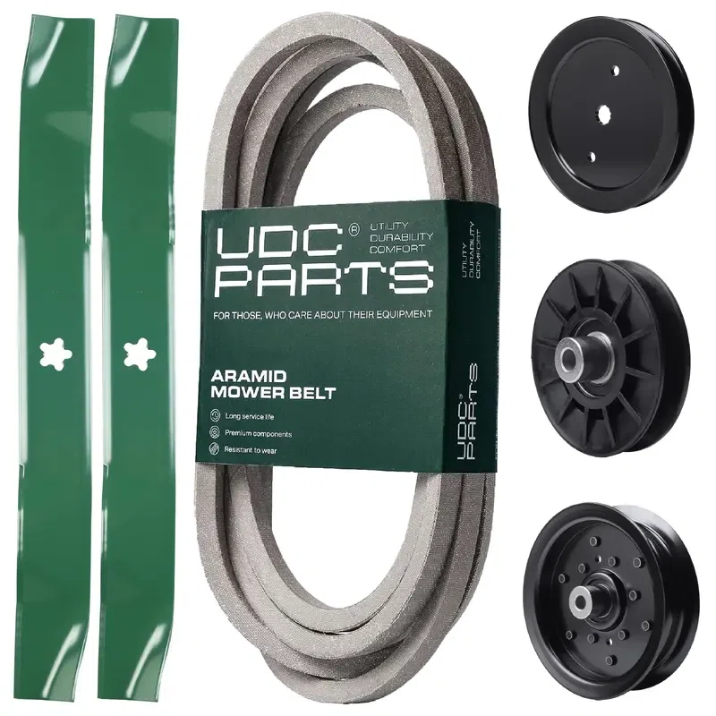 UDC Parts Mower Kit / Belt 197242 + Pulley 195945 + Pulley 532194326 + Pulley 532196106 + 2 Pack Blades 134149 / Fits Jonsered LT2223A2