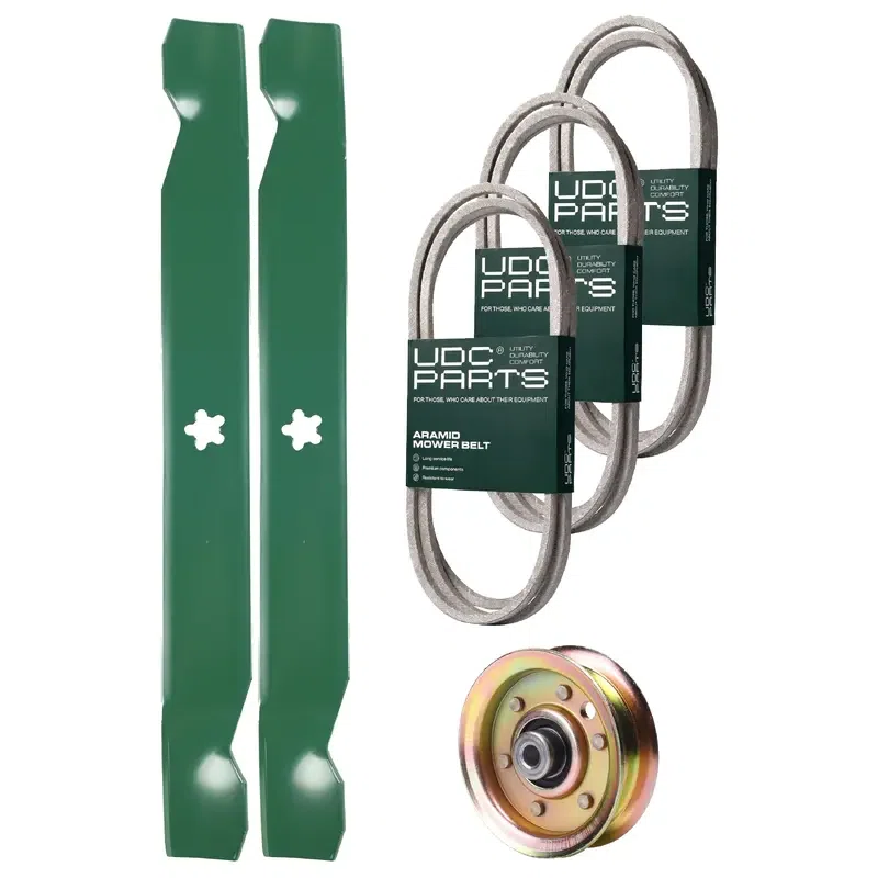UDC Parts Mower Kit / Belt 140294 + Belt 144959 + Belt 174883 + Pulley 173437 + 2 Pack Blades 138971 / Fits Husqvarna LTH1542 YTH1542 YTH170