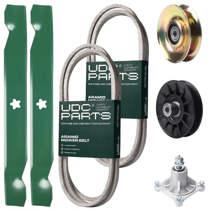 UDC Parts Mower Kit / Belt 138255 + Belt 194346 + Pulley 127783 + Pulley 532194326 + Spindle 532174356 + 2 Pack Blades 138497 / Fits Husqvarna LT1597