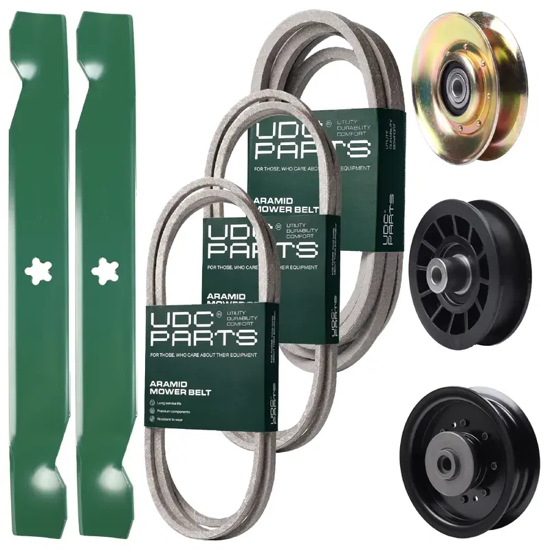 UDC Parts Mower Kit / Belt 138255 + Belt 194346 + Belt 539117245 + Pulley 127783 + Pulley 532194327 + Pulley 532196104 + 2 Pack Blades 138497 / Fits Husqvarna LT1597
