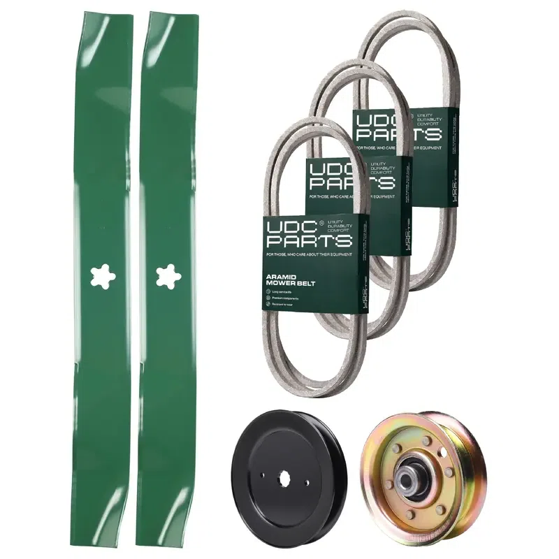 UDC Parts Mower Kit / Belt 138255 + Belt 144200 + Belt 144959 + Pulley 129861 + Pulley 173437 + 2 Pack Blades 134149 / Fits Husqvarna YT150