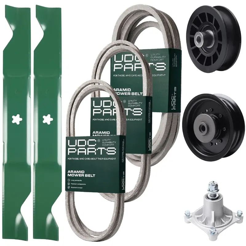 UDC Parts Mower Kit / Belt 138255 + Belt 194346 + Belt 539117245 + Pulley 532194327 + Pulley 532196104 + Spindle 532174356 + 2 Pack Blades 405380 / Fits Husqvarna LT1597