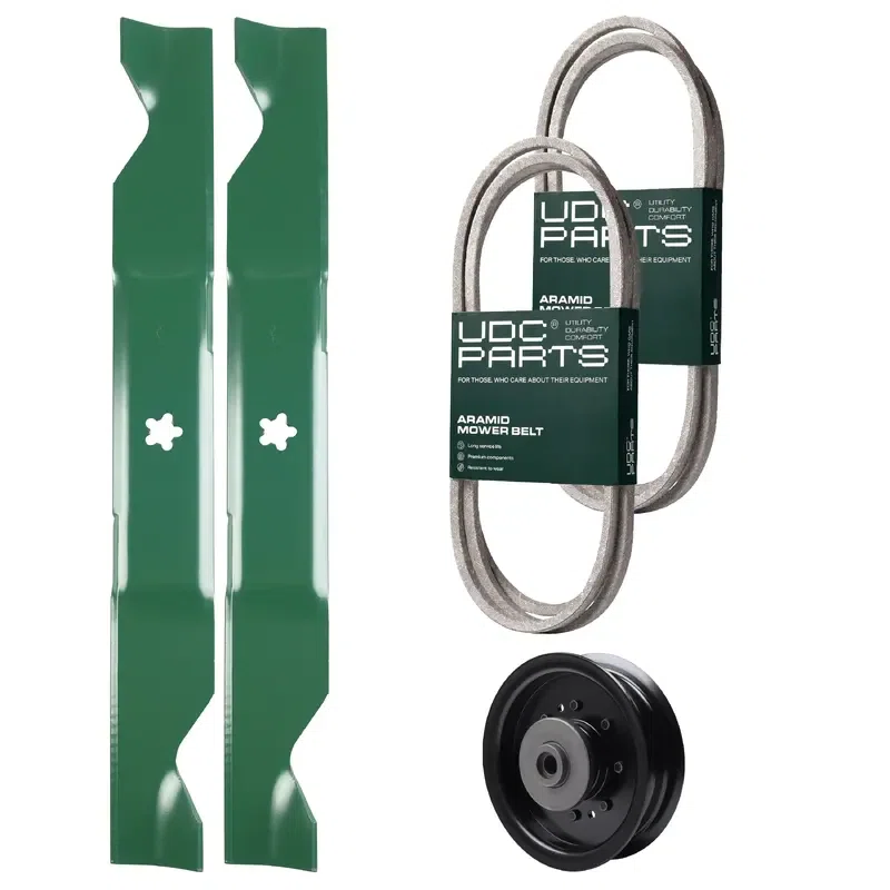 UDC Parts Mower Kit / Belt 140218 + Belt 405143 + Pulley 532196104 + 2 Pack Blades 405380 / Fits Husqvarna YTH220 Twin
