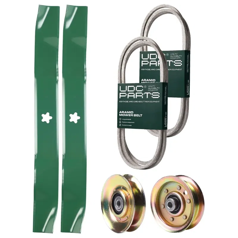 UDC Parts Mower Kit / Belt 144959 + Belt 174883 + Pulley 127783 + Pulley 173437 + 2 Pack Blades 134149 / Fits Husqvarna LTH1542 YTH1542 YTH170