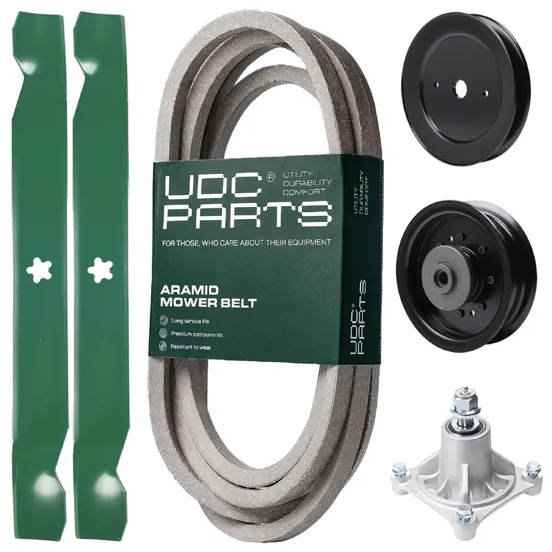 UDC Parts Mower Kit / Belt 539117245 + Pulley 129861 + Pulley 532196104 + Spindle 532174356 + 2 Pack Blades 138971 / Fits Husqvarna RZ4619 RZ4620 RZ5422 RZ5424