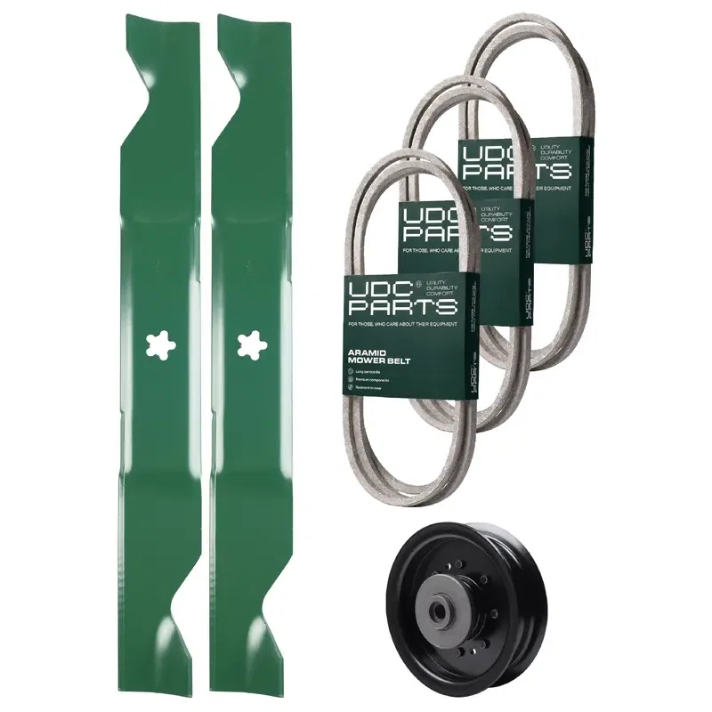 UDC Parts Mower Kit / Belt 130969 + Belt 140218 + Belt 405143 + Pulley 532196104 + 2 Pack Blades 405380 / Fits Husqvarna YTH220 Twin