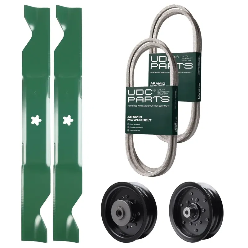 UDC Parts Mower Kit / Belt 130969 + Belt 405143 + Pulley 532196104 + Pulley 532196106 + 2 Pack Blades 405380 / Fits Husqvarna YTH220 Twin