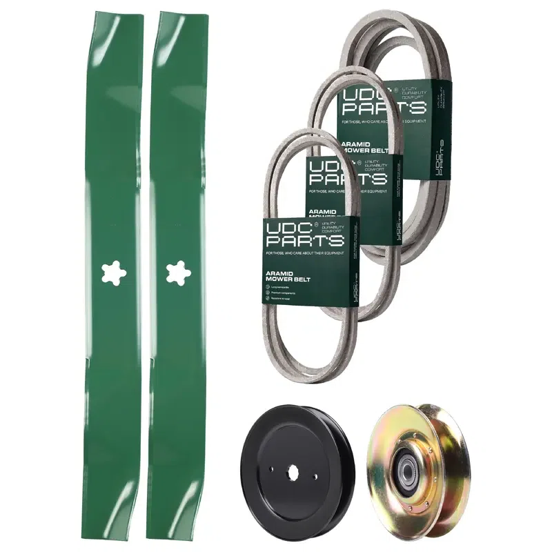 UDC Parts Mower Kit / Belt 140294 + Belt 174883 + Belt 539109243 + Pulley 127783 + Pulley 129861 + 2 Pack Blades 134149 / Fits Husqvarna LTH1542