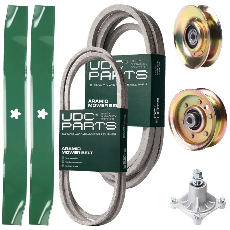 UDC Parts Mower Kit / Belt 140294 + Belt 539109243 + Pulley 127783 + Pulley 173437 + Spindle 532174356 + 2 Pack Blades 134149 / Fits Husqvarna LTH1542
