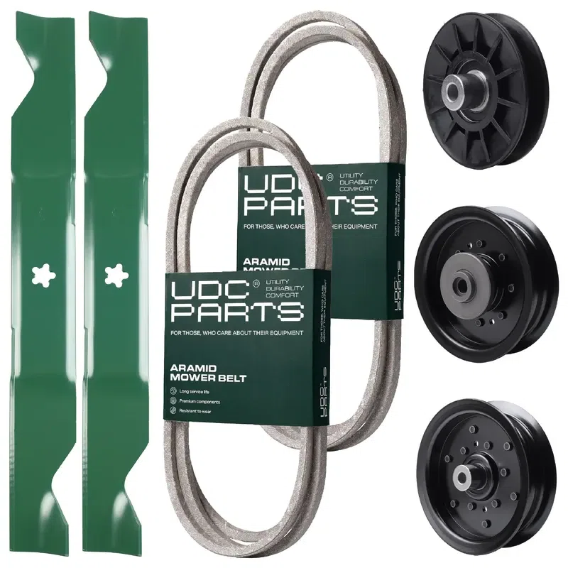UDC Parts Mower Kit / Belt 130969 + Belt 405143 + Pulley 532194326 + Pulley 532196104 + Pulley 532196106 + 2 Pack Blades 405380 / Fits Husqvarna YTH220 Twin