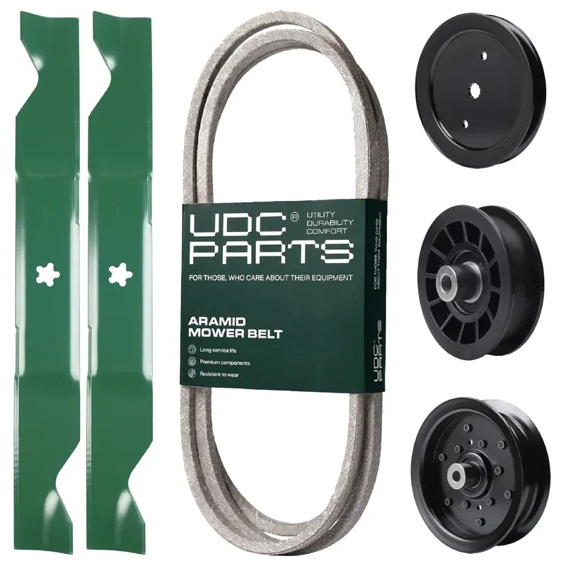 UDC Parts Mower Kit / Belt 130969 + Pulley 195945 + Pulley 532196106 + Pulley 532194327 + 2 Pack Blades 405380 / Fits Husqvarna 2146XLS 2246LS 2346XLS TS246 TS346 YT46LS YTH18K46 YTH20K46 YTH20V46