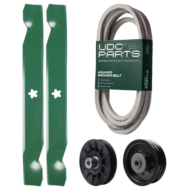 UDC Parts Mower Kit / Belt 539117245 + Pulley 532194326 + Pulley 532196104 + 2 Pack Blades 138497 / Fits Husqvarna LT1597
