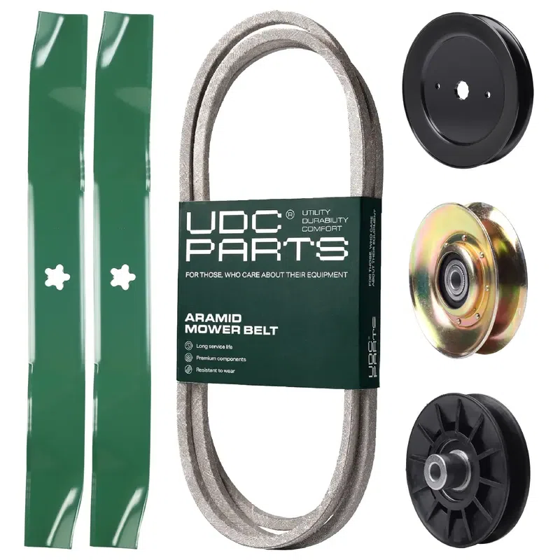 UDC Parts Mower Kit / Belt 197253 + Pulley 127783 + Pulley 129861 + Pulley 532194326 + 2 Pack Blades 134149 / Fits Husqvarna LT152
