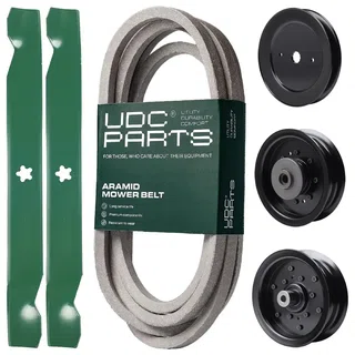 UDC Parts Mower Kit / Belt 539117245 + Pulley 129861 + Pulley 532196106 + Pulley 532196104 + 2 Pack Blades 138971 / Fits Husqvarna RZ4619 RZ4620 RZ5422 RZ5424
