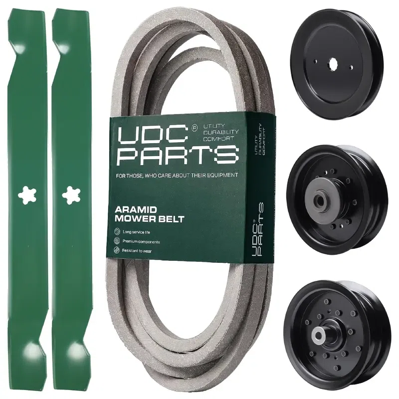 UDC Parts Mower Kit / Belt 539117245 + Pulley 129861 + Pulley 532196106 + Pulley 532196104 + 2 Pack Blades 138971 / Fits Husqvarna RZ4619 RZ4620 RZ5422 RZ5424
