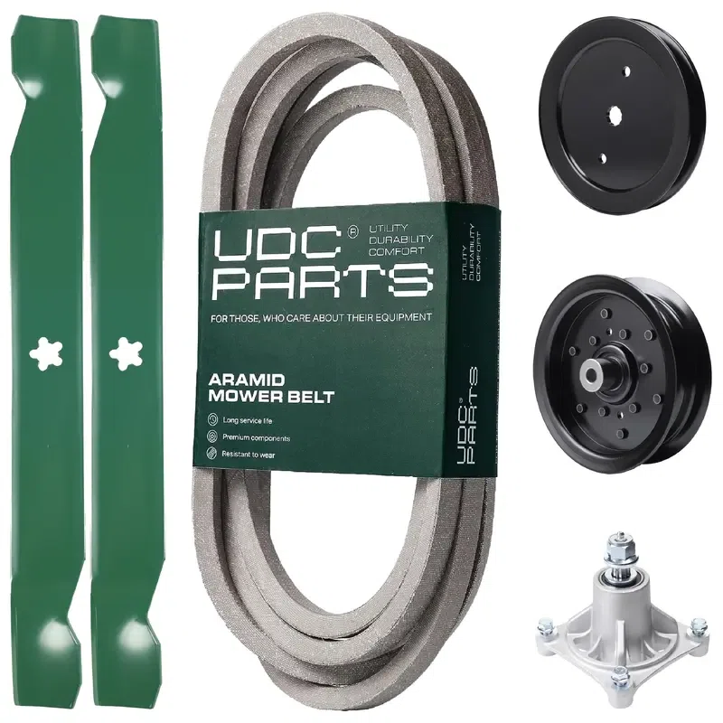 UDC Parts Mower Kit / Belt 539114557 + Pulley 195945 + Pulley 532196106 + Spindle 532174356 + 2 Pack Blades 138971 / Fits Husqvarna RZ4219