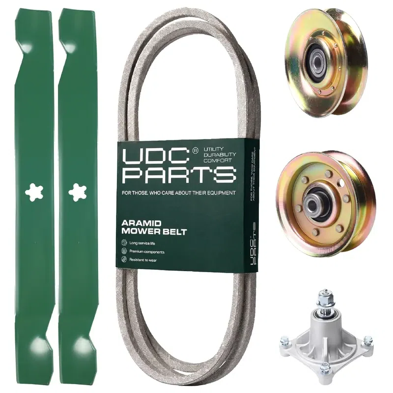 UDC Parts Mower Kit / Belt 174368 + Pulley 127783 + Pulley 173437 + Spindle 532174356 + 2 Pack Blades 138971 / Fits Jonsered LT2122A2