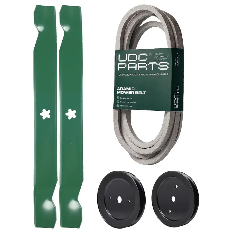 UDC Parts Mower Kit / Belt 539117245 + Pulley 195945 + Pulley 532129861 + 2 Pack Blades 138971 / Fits Husqvarna RZ4221BF