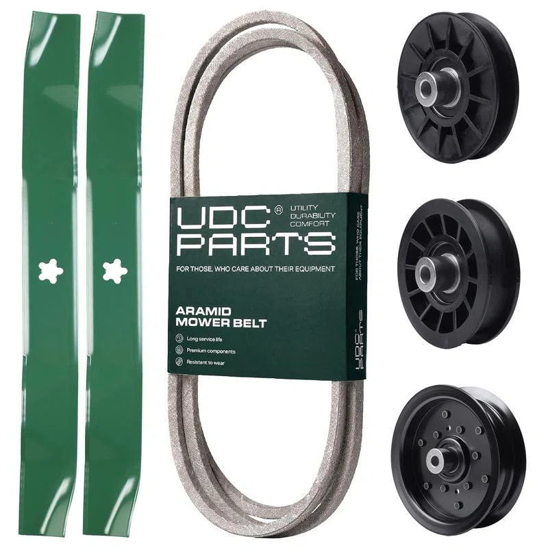 UDC Parts Mower Kit / Belt 194346 + Pulley 532194326 + Pulley 532196106 + Pulley 532194327 + 2 Pack Blades 134149 / Fits Poulan Pro PB145G42 PB15542LT PB175G42 PB2042YT PP155G42 PP175G42