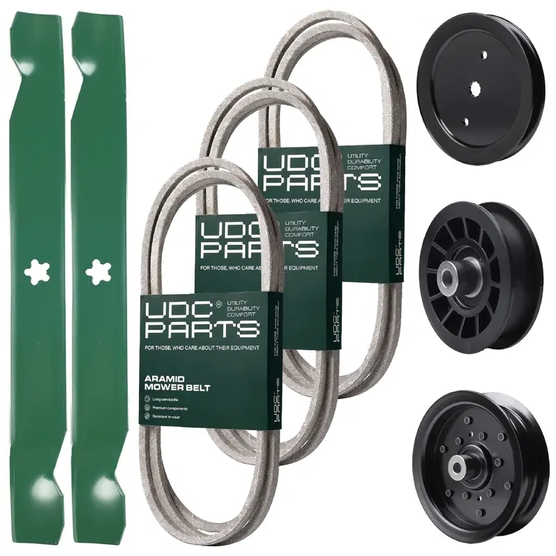 UDC Parts Mower Kit / Belt 130969 + Belt 138255 + Belt 140218 + Pulley 195945 + Pulley 532196106 + Pulley 532194327 + 2 Pack Blades 138971 / Fits Jonsered LT2217A