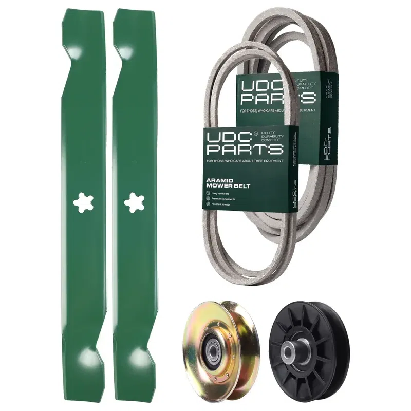 UDC Parts Mower Kit / Belt 138255 + Belt 539117245 + Pulley 127783 + Pulley 532194326 + Pulley 532194327 + 2 Pack Blades 138497 / Fits Husqvarna LT1597
