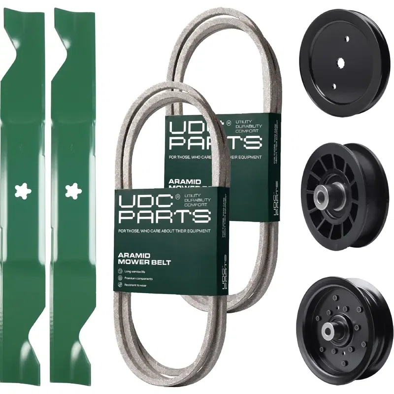 UDC Parts Mower Kit / Belt 130969 + Belt 197253 + Pulley 195945 + Pulley 532196106 + Pulley 532194327 + 2 Pack Blades 405380 / Fits Husqvarna YTH20K46
