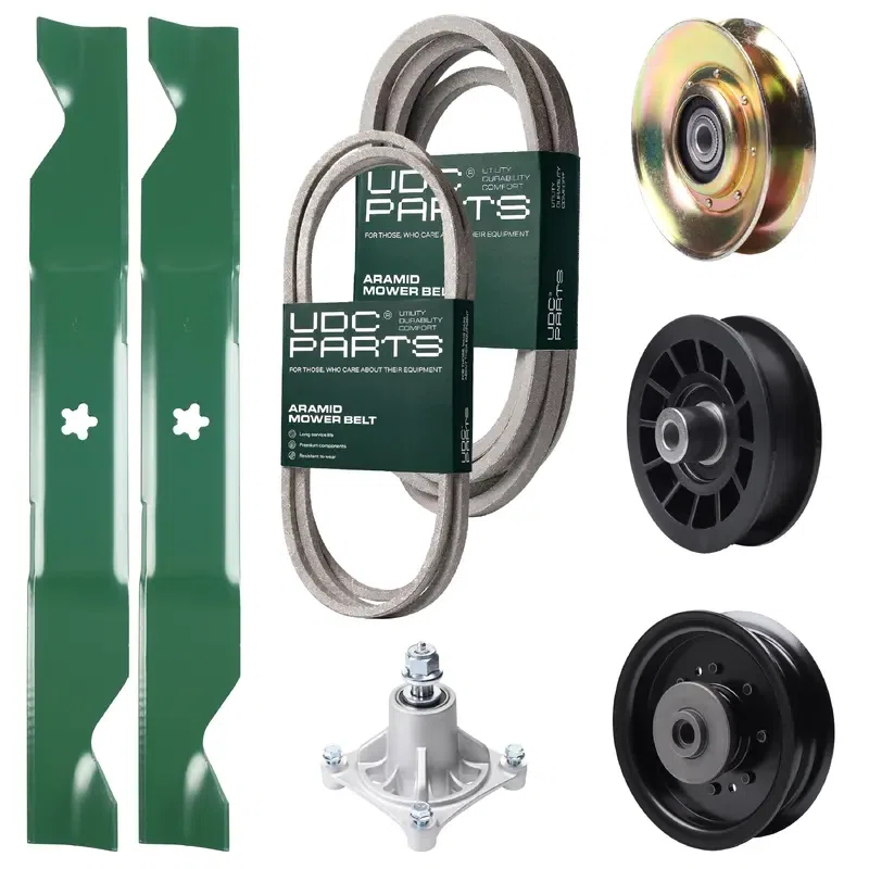 UDC Parts Mower Kit / Belt 194346 + Belt 539117245 + Pulley 127783 + Pulley 532194327 + Pulley 532196104 + Spindle 532174356 + 2 Pack Blades 405380 / Fits Husqvarna LT1597
