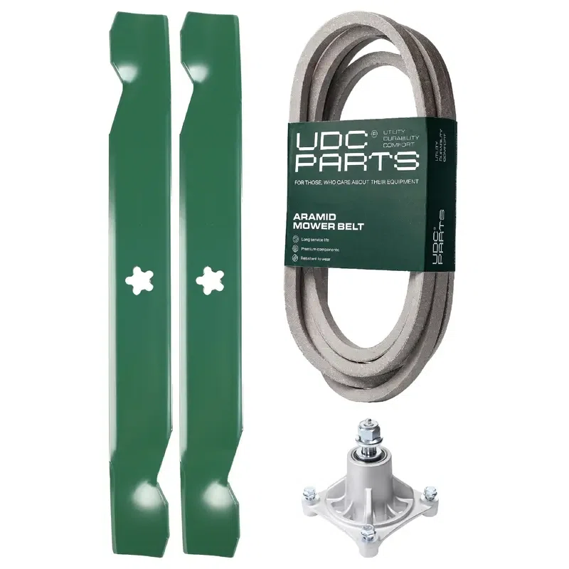 UDC Parts Mower Kit / Belt 539117245 + Spindle 532174356 + 2 Pack Blades 138497 / Fits Husqvarna LT1597