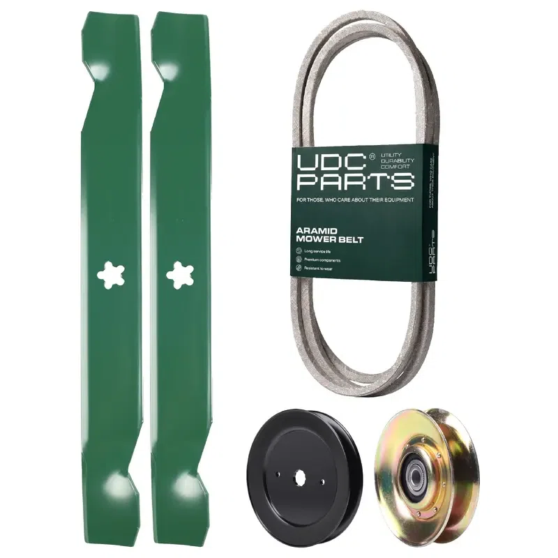 UDC Parts Mower Kit / Belt 532194346 + Pulley 127783 + Pulley 129861 + 2 Pack Blades 138497 / Fits Husqvarna LT152