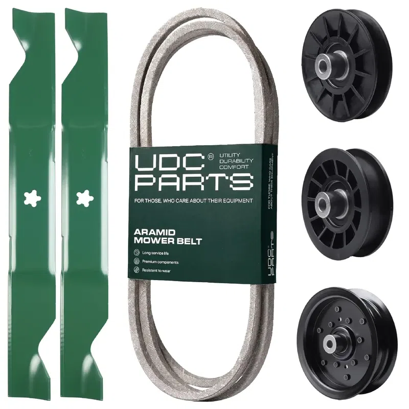 UDC Parts Mower Kit / Belt 130969 + Pulley 532194326 + Pulley 532196106 + Pulley 532194327 + 2 Pack Blades 405380 / Fits Husqvarna 2146XLS 2246LS 2346XLS TS246 TS346 YT46LS YTH18K46 YTH20K46 YTH20V46