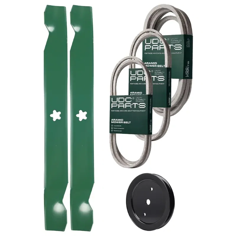 UDC Parts Mower Kit / Belt 197242 + Belt 197253 + Belt 405143 + Pulley 195945 + 2 Pack Blades 138971 / Fits Jonsered LT2223A2