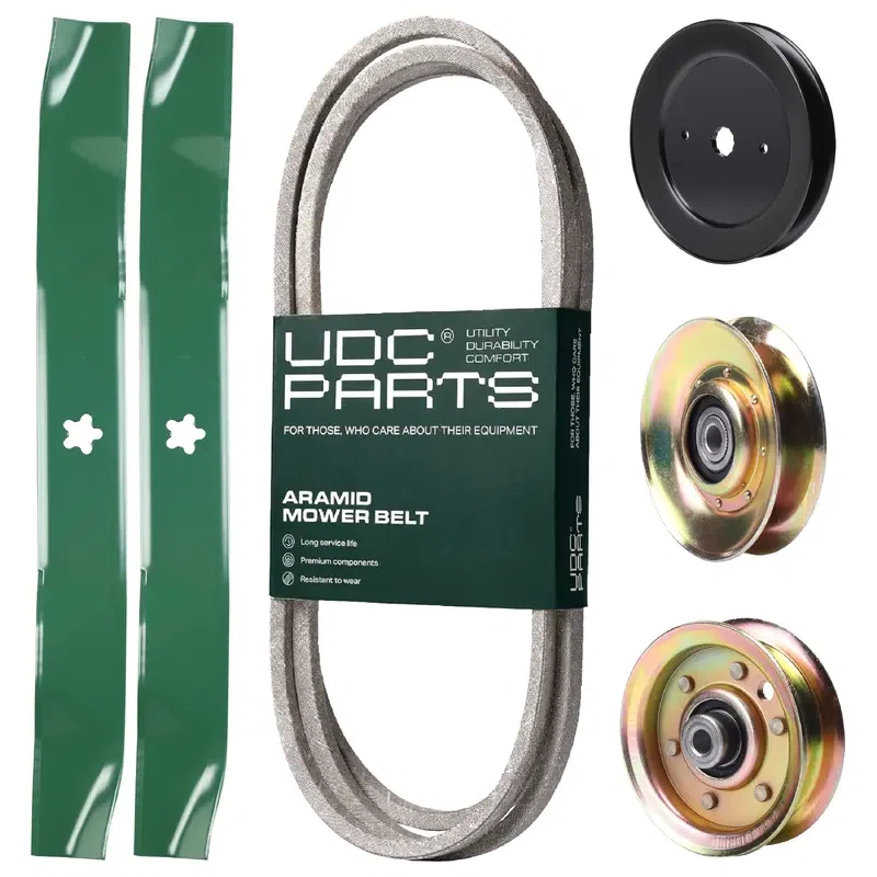 UDC Parts Mower Kit / Belt 174883 + Pulley 127783 + Pulley 129861 + Pulley 173437 + 2 Pack Blades 134149 / Fits Husqvarna LTH120 LTH1542 YTH1342 XP YTH1452 XP YTH1542 YTH170 YTH1842 XP